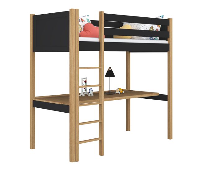 Cama alta de madeira com secretária n06 preto e carvalho