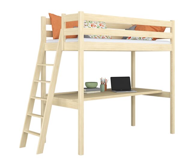 Cama alta de madeira com secretária n02 pinho incolor