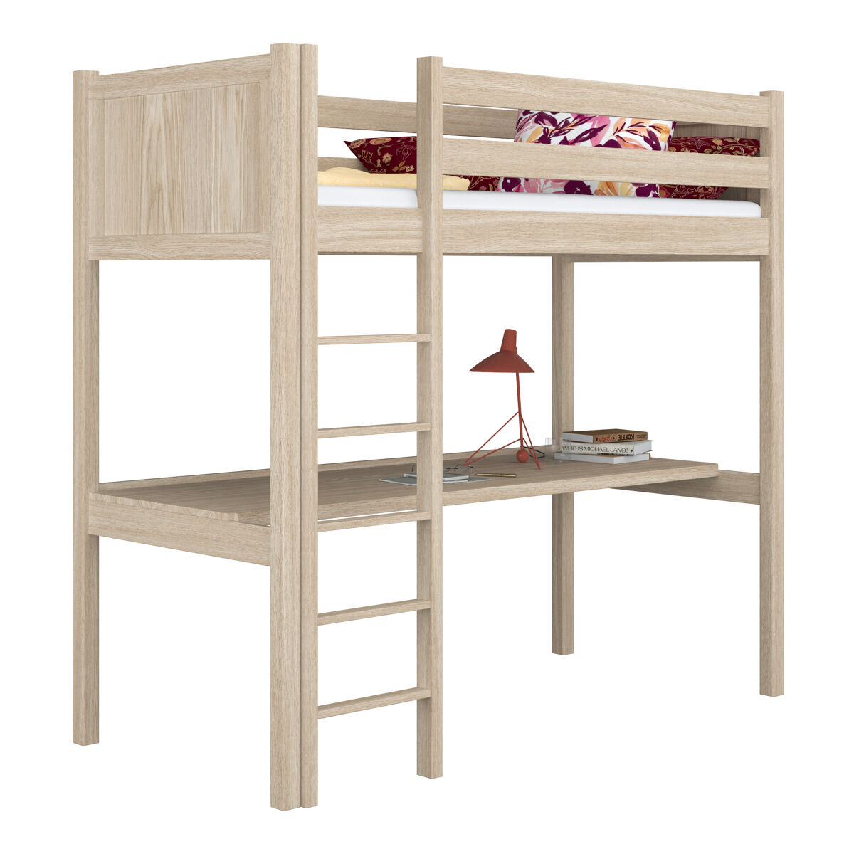 Cama mezzanine de carvalho com secretária n06 carvalho branqueado