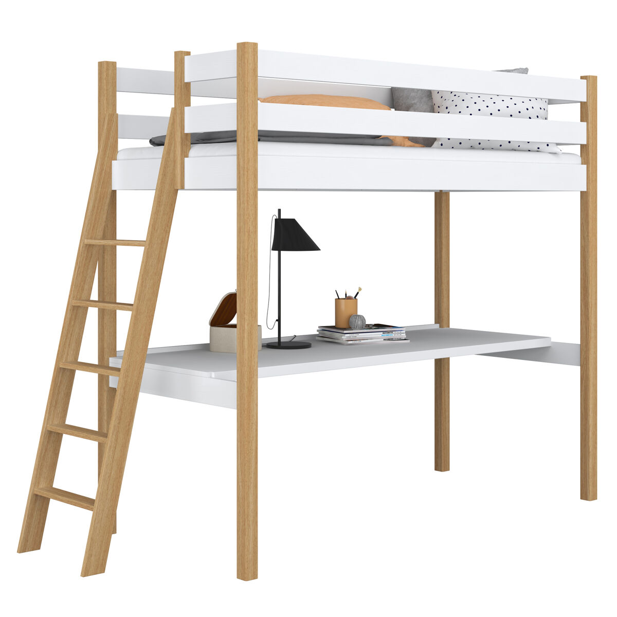 Cama alta de madeira com secretária n02 branco e carvalho