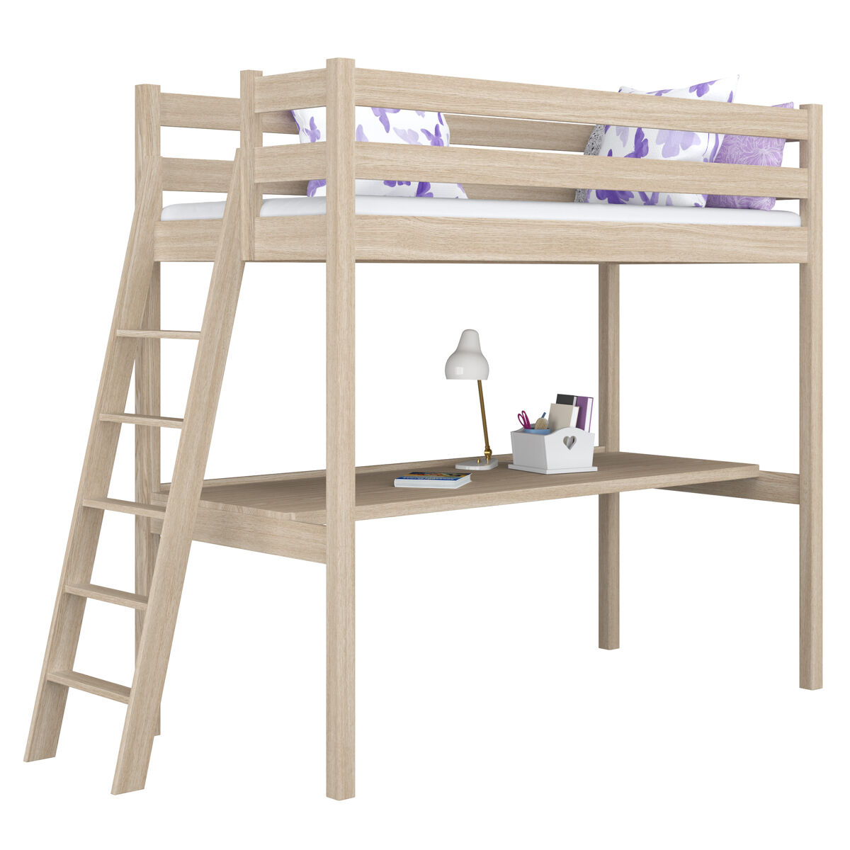 Cama mezzanine de carvalho com secretária n02 carvalho branqueado