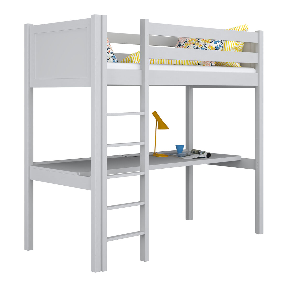 Cama alta de madeira com secretária n06 cinza