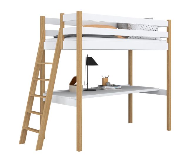 Cama alta de madeira com secretária n02 blanc e carvalho