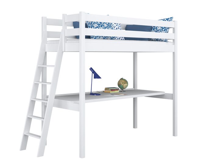 Cama alta de madeira com secretária n02 branco