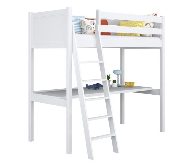 Cama alta de madeira com secretária n04 branco
