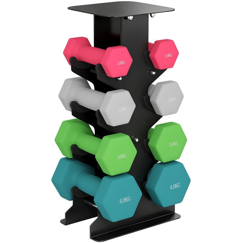 Sportnow conjunto de halteres de 8 peças 20 kg halteres hexagonais 2x1kg 2x2kg 2x3kg 2x4kg com suporte de arrumação e pegas retas para treino de força