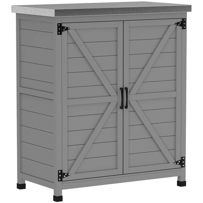 Outsunny armário de exterior em madeira armário de jardim com tampo de aço galvanizado prateleira 2 portas abrigo de jardim para armazenamento de