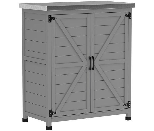 Outsunny armário de exterior em madeira armário de jardim com tampo de aço galvanizado prateleira 2 portas abrigo de jardim para armazenamento de