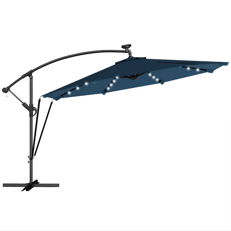 Outsunny chapéu de sol excêntrico com luzes led solares ø345 cm chapéu de sol de jardim em alumínio com base cruzada manivela capa protetora cordas de