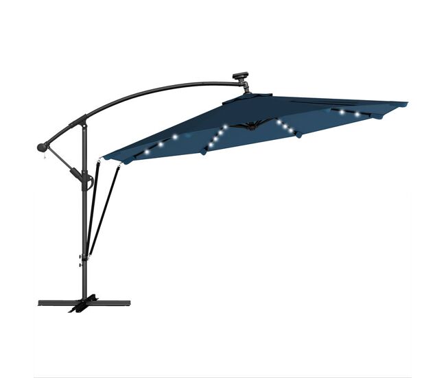 Outsunny chapéu de sol excêntrico com luzes led solares ø345 cm chapéu de sol de jardim em alumínio com base cruzada manivela capa protetora cordas de