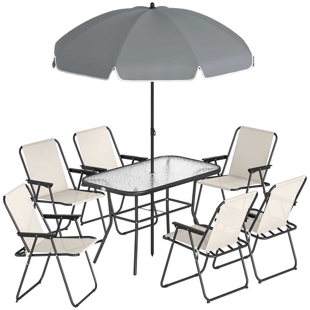 Outsunny conjunto de mesa e cadeiras de jardim de 8 peças móveis de jardim para exterior com chapéu de sol 6 cadeiras dobráveis mesa de vidro