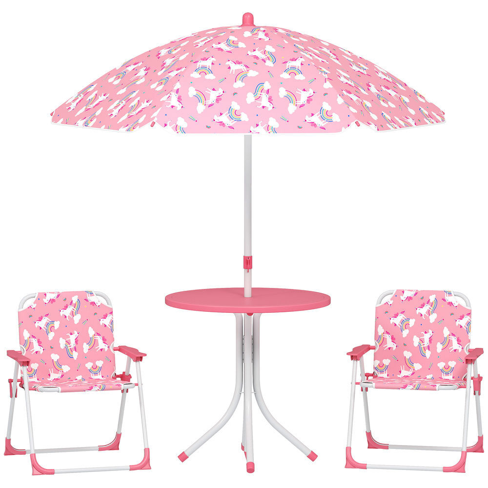 Aiyaplay conjunto infantil de mesa e cadeiras de jardim de 4 peças mesa infantil com cadeiras dobráveis chapéu de sol desmontável, design de unicórnios e arco-íris para jardim piquenique rosa