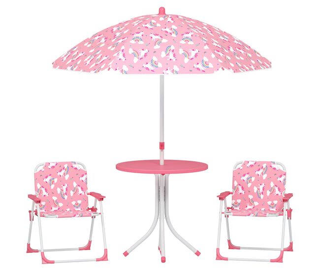 Aiyaplay conjunto infantil de mesa e cadeiras de jardim de 4 peças mesa infantil com cadeiras dobráveis chapéu de sol desmontável, design de unicórnios e arco-íris para jardim piquenique rosa