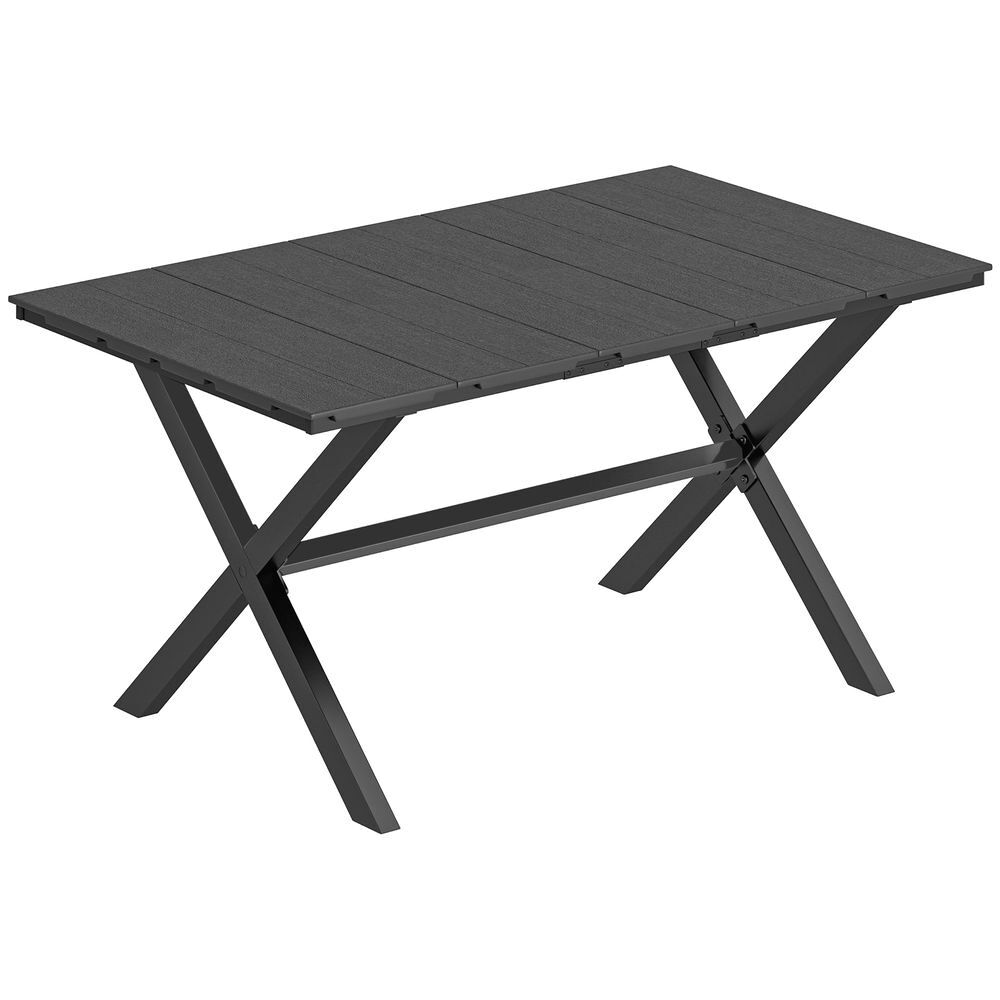 Outsunny mesa de jantar retangular para jardim, mesa exterior 150x90x74 cm com tampo de hdpe efeito ripas e estrutura metálica para 6 pessoas, suporta
