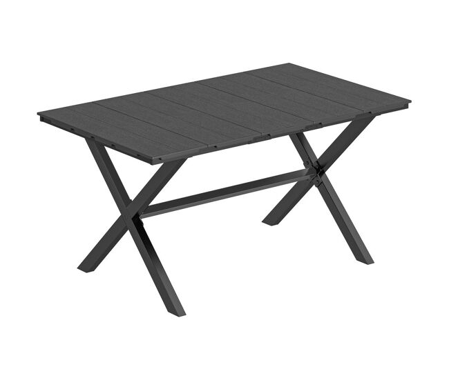 Outsunny mesa de jantar retangular para jardim, mesa exterior 150x90x74 cm com tampo de hdpe efeito ripas e estrutura metálica para 6 pessoas, suporta