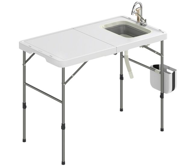Outsunny mesa dobrável de limpeza de peixe portátil para camping com altura ajustável, torneira, pia e cesto dobráveis, mangueira, bolsa de transporte