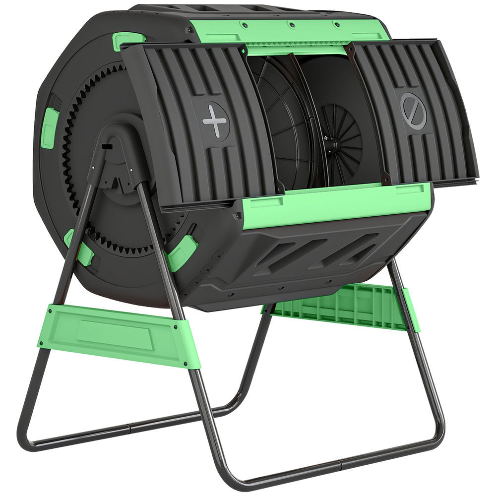 Outsunny compostador giratório de 200l contenedor de compostagem de jardim de câmara dupla livre de bpa com aberturas de ventilação 2 portas