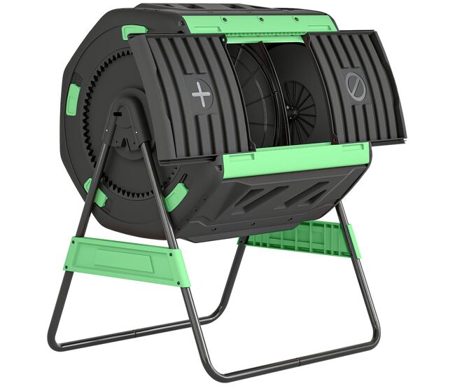 Outsunny compostador giratório de 200l contenedor de compostagem de jardim de câmara dupla livre de bpa com aberturas de ventilação 2 portas deslizantes e base metálica verde