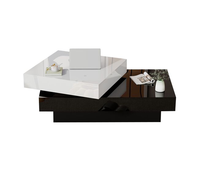 Mesa de centro giratória quadrada de painel de partículas,preto+branco