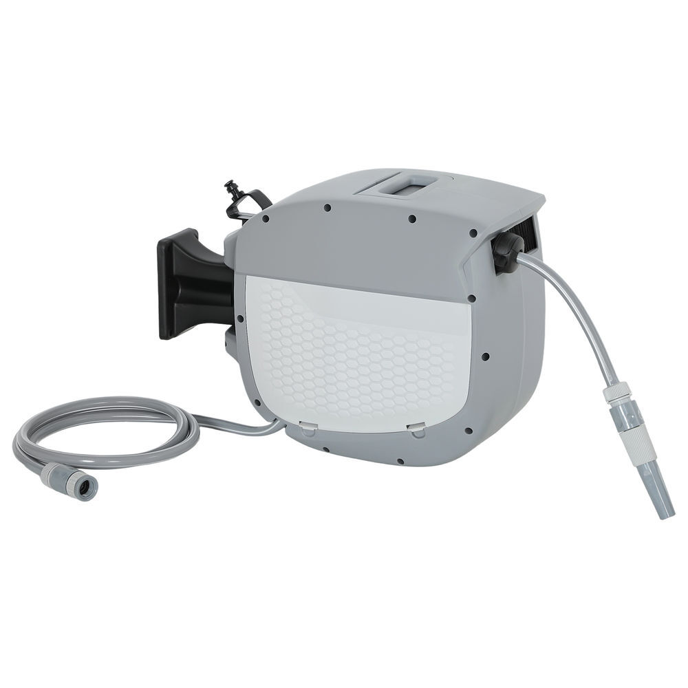 Outsunny carretel de mangueira para jardim 20+1,9 m com bico de 2 modos carretel de mangueira de jardim de parede com bloqueio automático e retracção