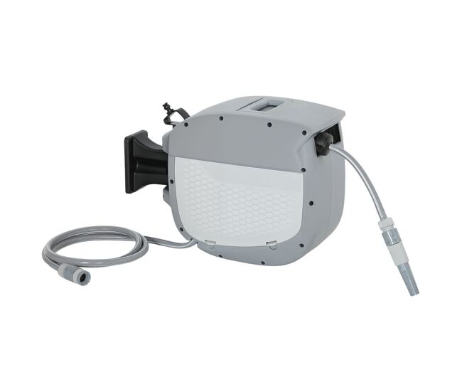 Outsunny carretel de mangueira para jardim 20+1,9 m com bico de 2 modos carretel de mangueira de jardim de parede com bloqueio automático e retracção