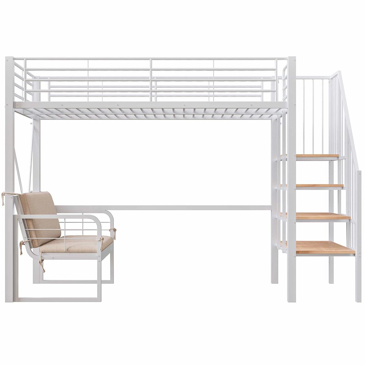 Beliche 90x200 cm - com estrutura metálica resistente, sofá estofado removível, espaço de armazenamento e escada de segurança - branco