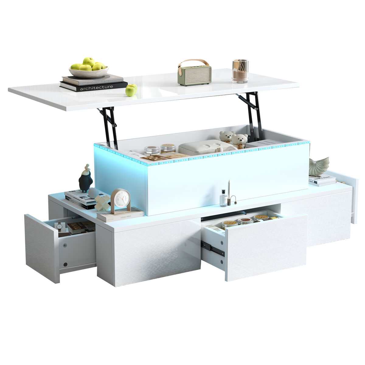 Mesa de centro elevável retangular de mdf com luz led,branco