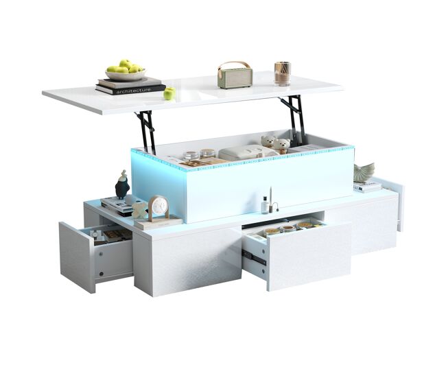 Mesa de centro elevável retangular de mdf com luz led,branco