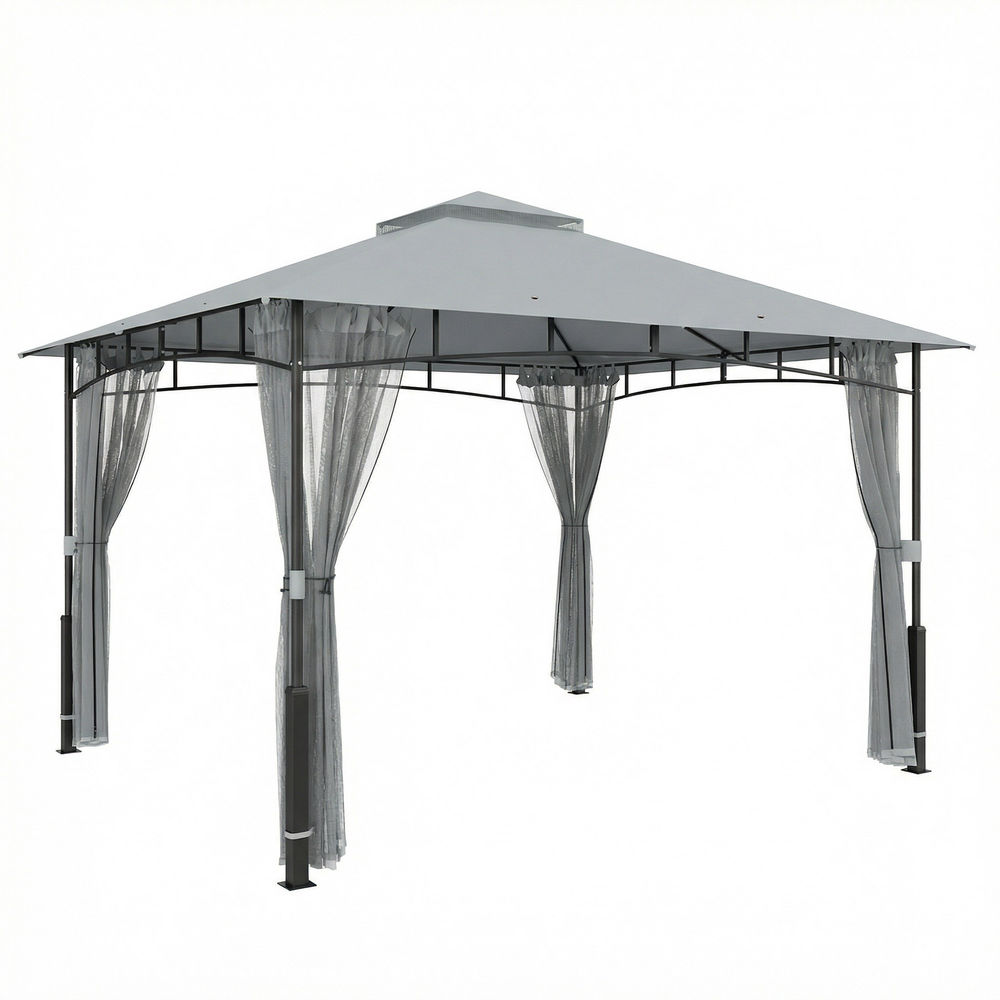Outsunny gazebo para jardim 3x3,6 m, pérgola de jardim com telhado duplo, paredes de rede, upf50+, estrutura metálica, carpa para exterior, terraço, pátio, cinzento