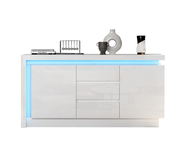 Aparador de painel de partículas com 2 portas,3 gavetas e luz led,branco