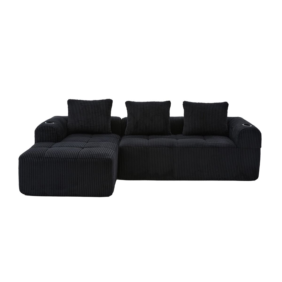 Sofá compacto de 4 lugares - modular, com bolso lateral e suporte para bebidas - preto