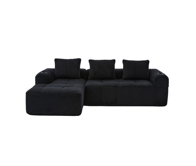Sofá compacto de 4 lugares - modular, com bolso lateral e suporte para bebidas - preto