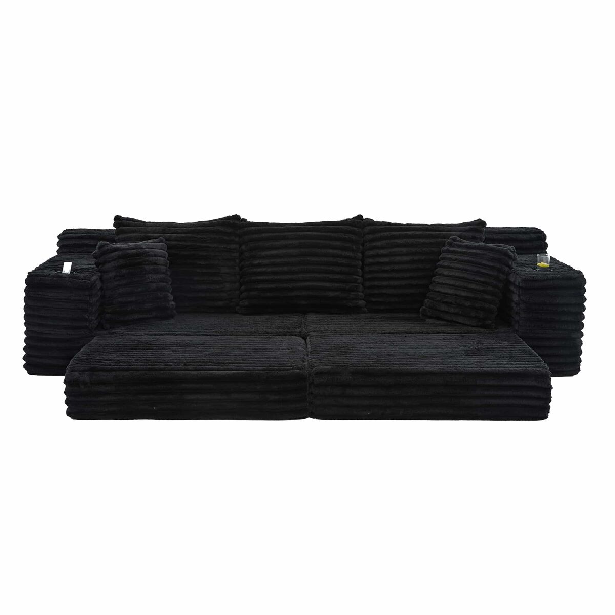 Sofá de tecido canelado de 4 lugares - encosto alto, almofadas adicionais, bolsos laterais e porta-copos, convertível em sofá-cama, estofamento macio