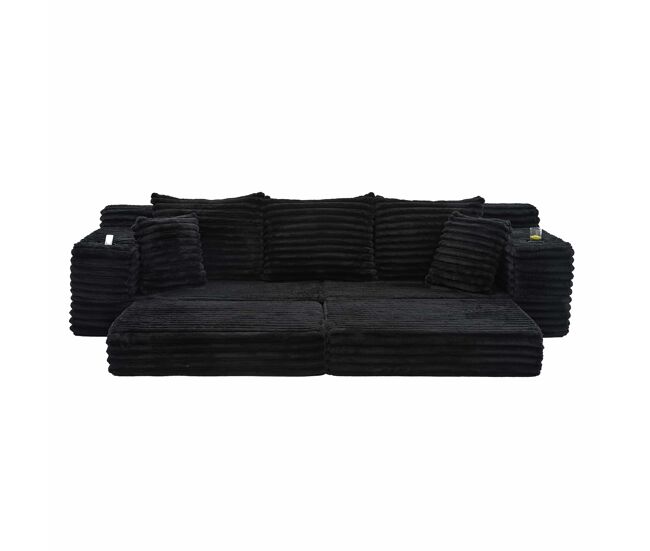Sofá de tecido canelado de 4 lugares - encosto alto, almofadas adicionais, bolsos laterais e porta-copos, convertível em sofá-cama, estofamento macio