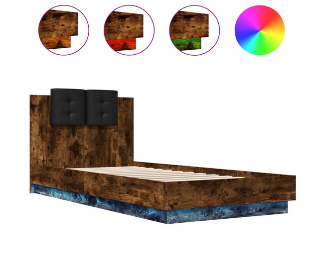 Estrutura de cama de solteiro moderno c/ cabeceira/luzes led 100x200cm carvalho fumado