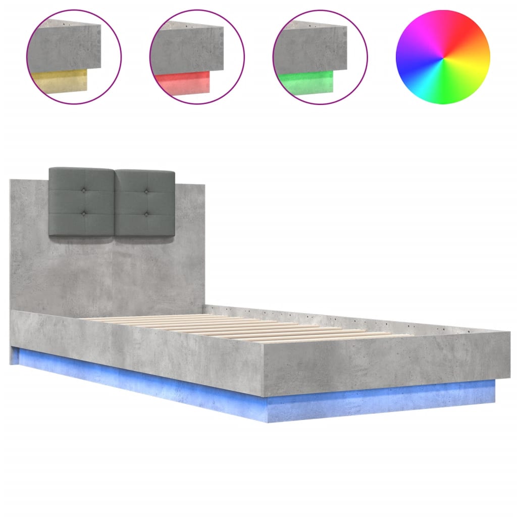 Estrutura de cama de solteiro moderno c/ cabeceira/luzes led 100x200 cm cinza cimento