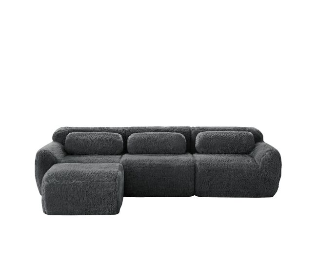 Sofá modular l 3 lugares - tecido felpudo, sem montagem, com almofadas, antiderrapante - cinza