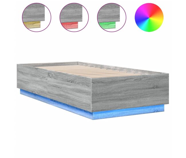 Estrutura de cama de solteiro para adultos c/ luzes led derivados madeira cinzento sonoma