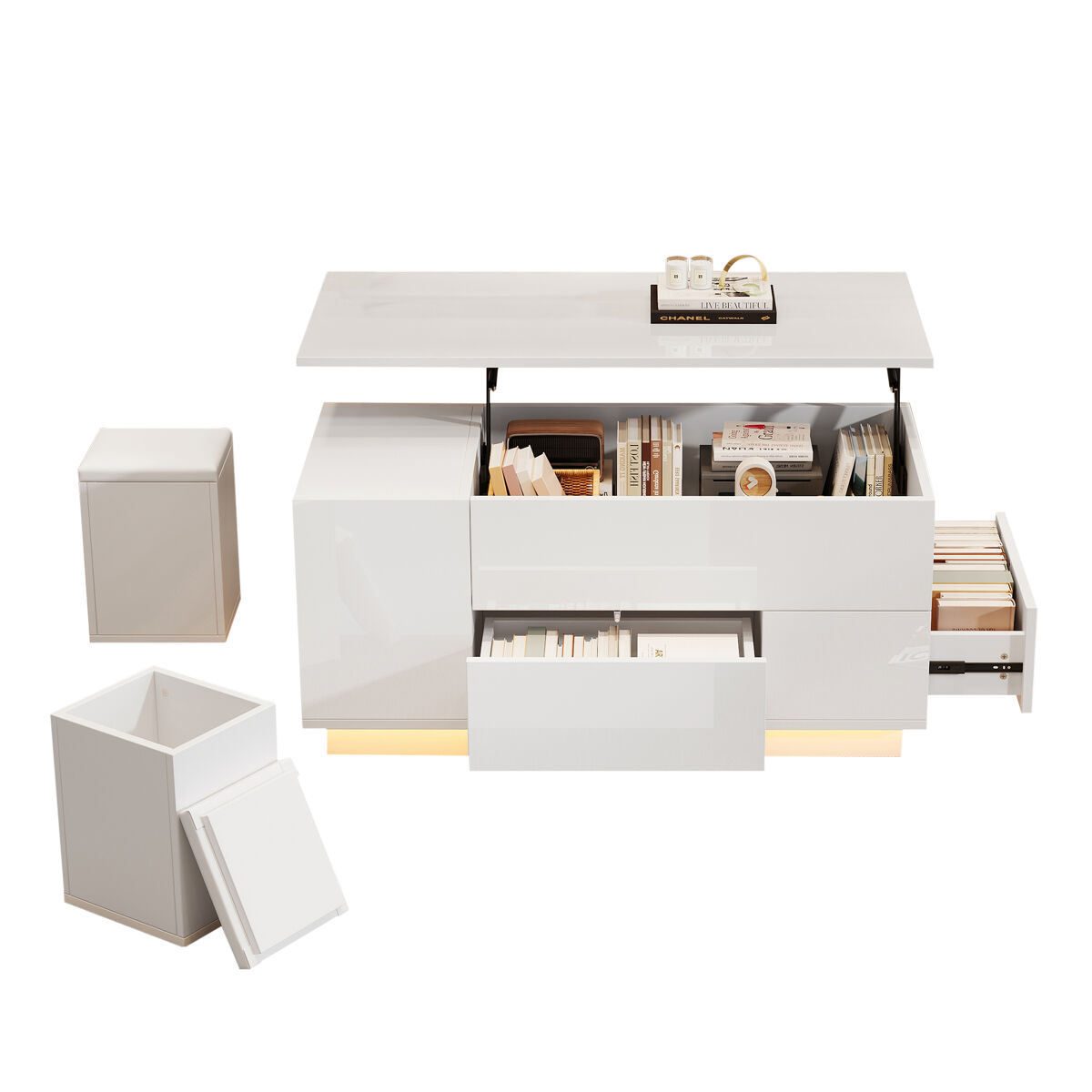 Mesa de centro elevável retangular de painel de partículas com luz led,branco