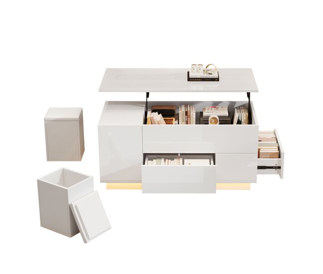 Mesa de centro elevável retangular de painel de partículas com luz led,branco
