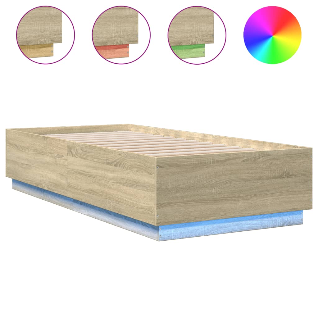 Estrutura de cama de solteiro para adultos c/ luzes led derivados madeira carvalho sonoma