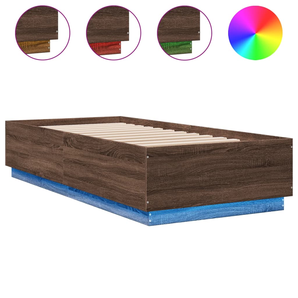 Estrutura de cama de solteiro para adultos c/ luzes led derivados madeira carvalho castanho