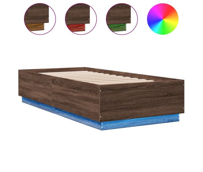 Estrutura de cama de solteiro para adultos c/ luzes led derivados madeira carvalho castanho