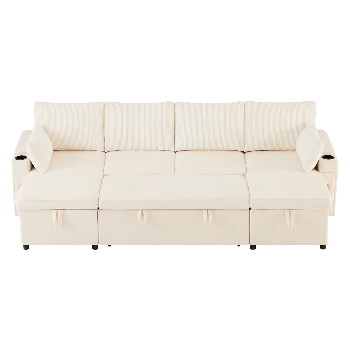 Sofá-cama em u com 4 lugares - com porta-copos, arrumação e função de cama - bege
