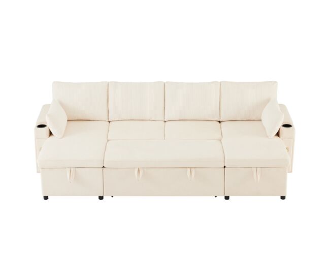 Sofá-cama em u com 4 lugares - com porta-copos, arrumação e função de cama - bege