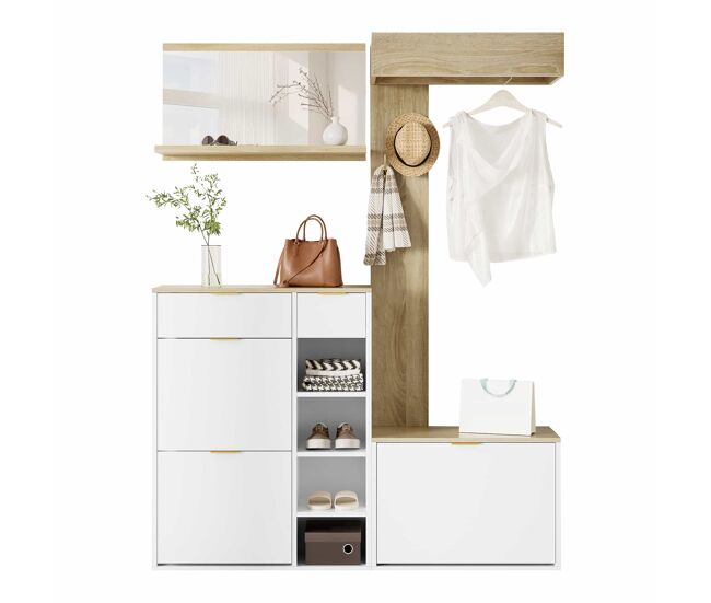 Conjunto de hall de entrada 130x30x174 cm - 4 peças com sapateira, banco, espelho e painel de parede - natural+branco