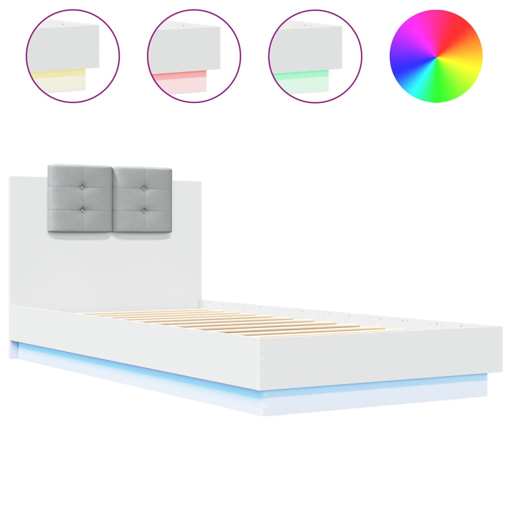 Estrutura de cama de solteiro para adultos com cabeceira e luzes led 90x200 cm branco