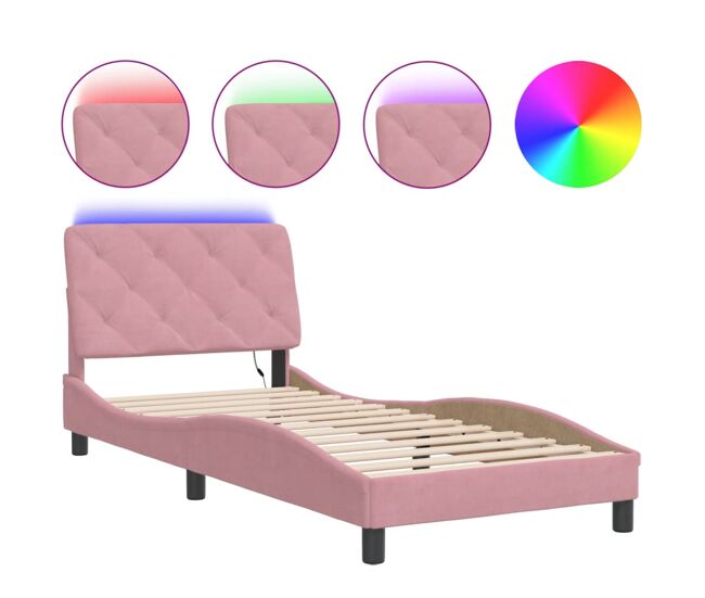 Estrutura de cama de solteiro para adultos com led 90x190 cm veludo rosa