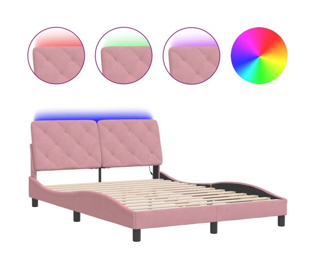 Estrutura de cama de casal moderno com led sem colchão 140x190 cm veludo rosa