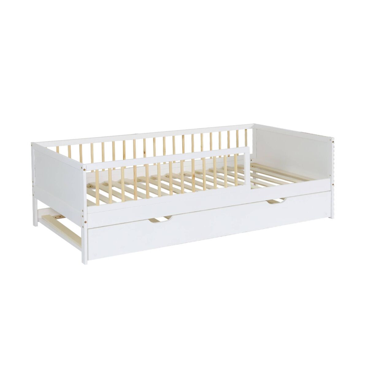 Cama infantil de 190 cm em madeira de pinho com estrado de ripas e gaveta extraível , elio, blanc, 195x95.5x60 cm